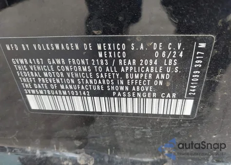 2024 Volkswagen Jetta 1.5T S z USA, uszkodzony, nr VIN 3VW5M7BU4RM103142